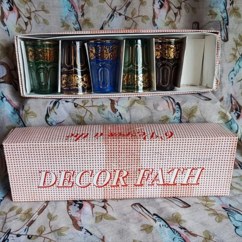 FATH Decor Set of 11 Bohemian Moroccan Venetian Gold Gilt Shot Glasses Glass